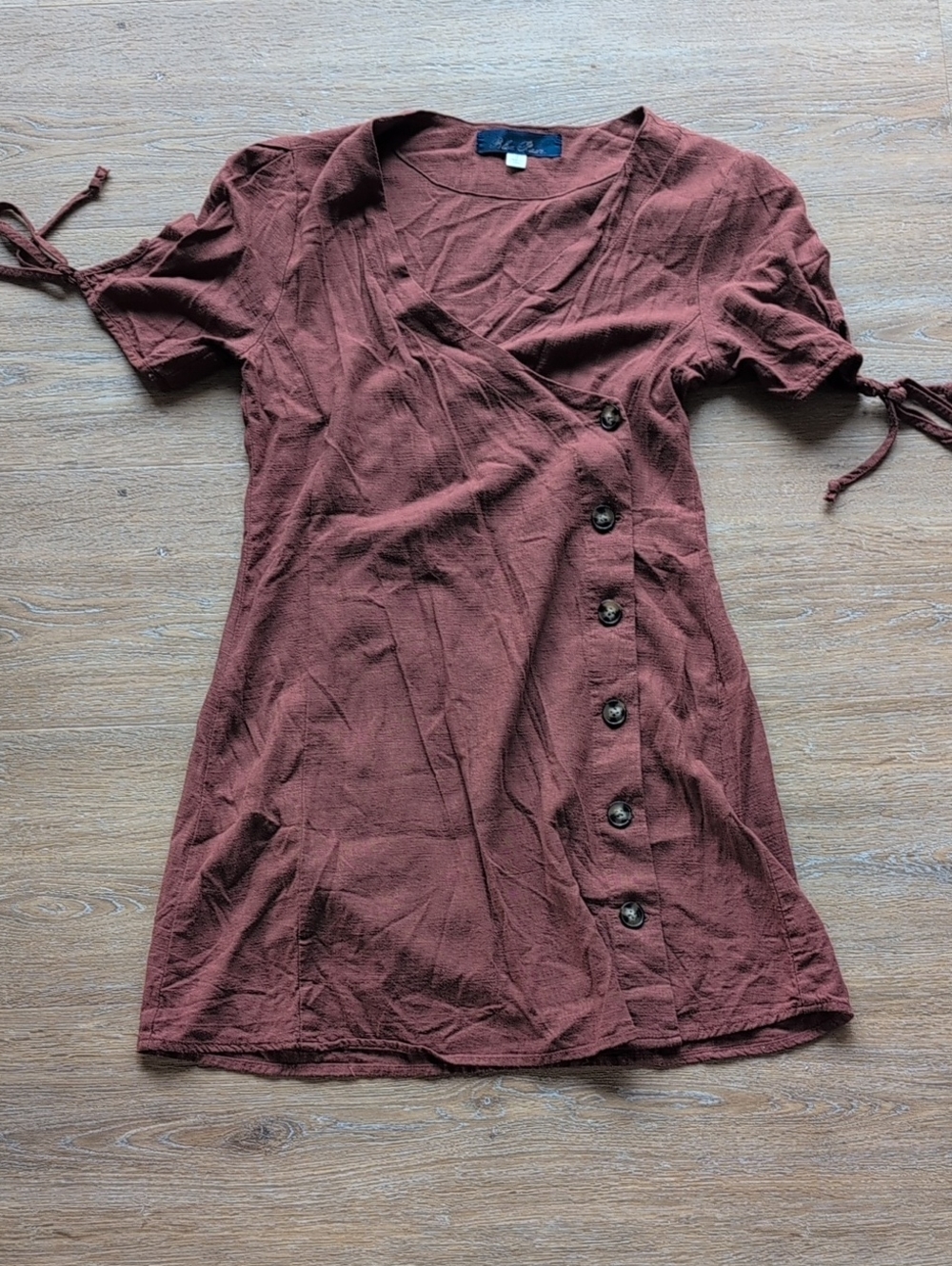 Blue Rain, Linen Blend Rust Brown Button-Front Wrap Dress